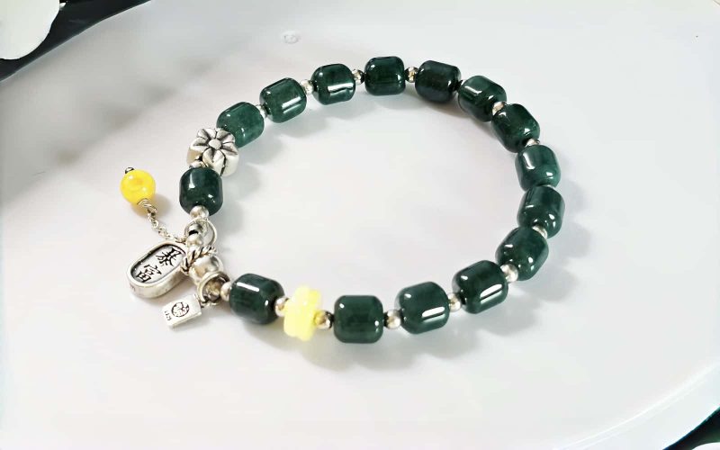 Armband-Blauwasser-Jade-02 Damen Armband Silber mit Grün Blauer Echt Stein Jade Zylinderperlen-Wohlstand und Glück Geschenke