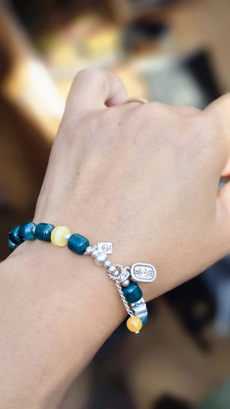 Armband-Blauwasser-Jade-05 Damen Armband Silber mit Grün Blauer Echt Stein Jade Zylinderperlen-Wohlstand und Glück Geschenke
