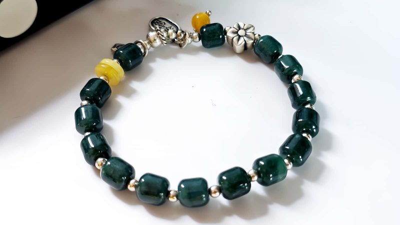Armband-Blauwasser-Jade-07 Damen Armband Silber mit Grün Blauer Echt Stein Jade Zylinderperlen-Wohlstand und Glück Geschenke