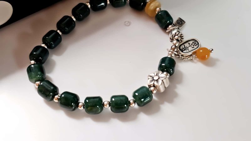 Armband-Blauwasser-Jade-08 Damen Armband Silber mit Grün Blauer Echt Stein Jade Zylinderperlen-Wohlstand und Glück Geschenke