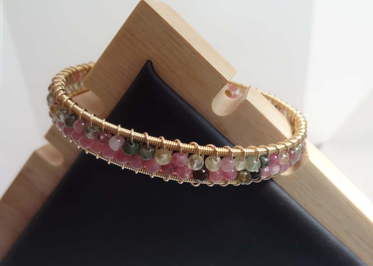 Armband Damen mit Stein Turmalin in Regenbogen Farbe, Doppelreihe handgefertigt Tourmalin Armreif 14k-vergoldet