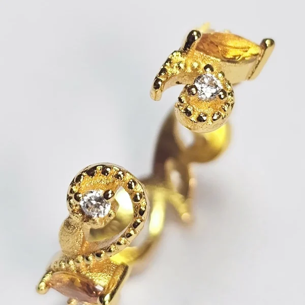 Offener Goldring mit Zirkonia – eleganter Damenring im Vintage Design Offener goldfarbener Damenring mit gelbem Zirkonia und funkelnden Kristallsteinen im Vintage Stil