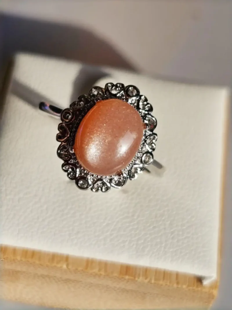 DR-TDS-09-01 Mondstein Ring Orangefarbton, Blumenhalterung, Versilbert