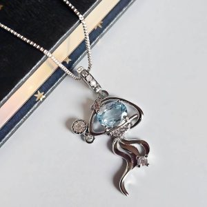 Blauer Topas Anhänger mit Silberfarbe Kette für Damen, Quallen Ozean Maritim Design- Sommerzeit Bobo Stil