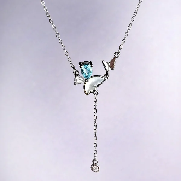 S925 Silber Y-Halskette mit natürlichem blauem Topas und Zirkonia, Kette 40+5 cm