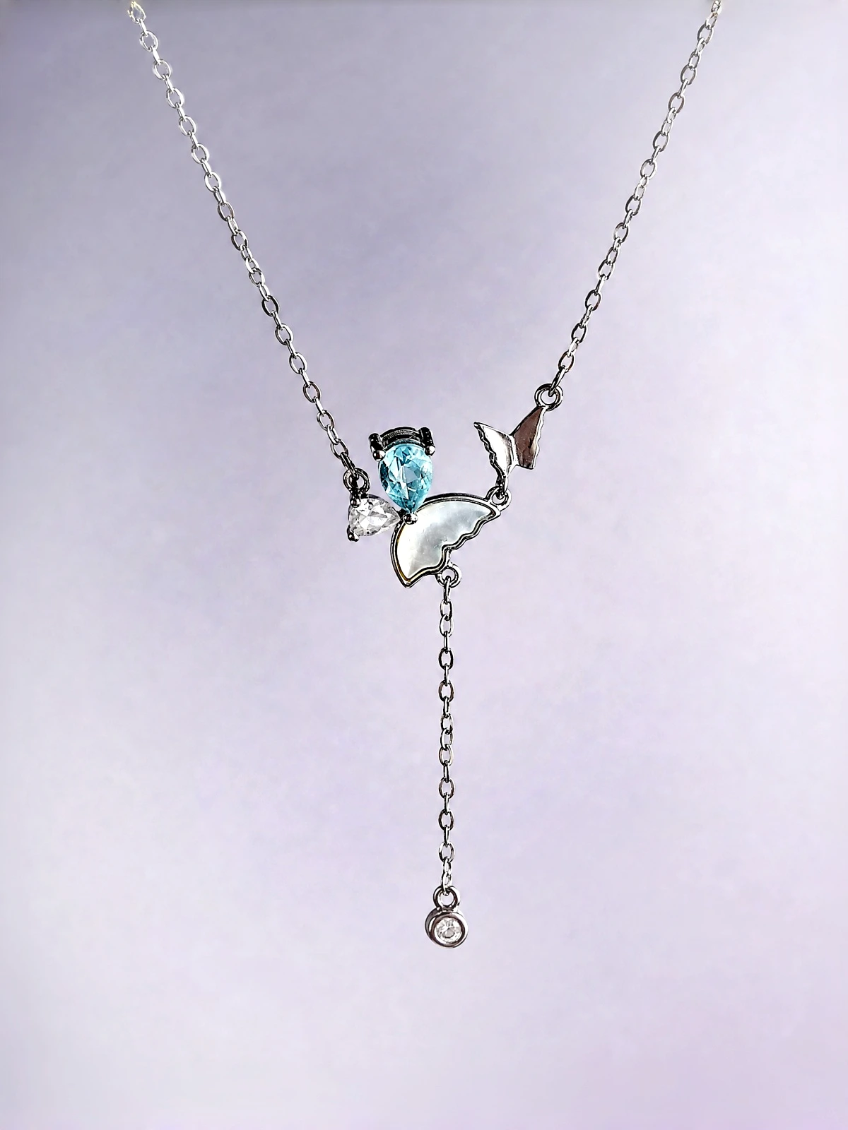 S925 Silber Y-Halskette mit natürlichem blauem Topas und Zirkonia, Kette 40+5 cm
