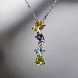 Y-Kette aus 925 Silber mit vier Edelstein- Citrin, Amethyst, Topas und Peridot – vielseitig tragbar durch Universalverschluss