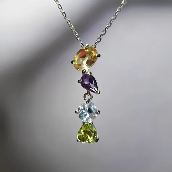 Mehrstein-HK0011-03 Y-Kette aus 925 Silber mit vier Edelstein- Citrin, Amethyst, Topas und Peridot – vielseitig tragbar durch Universalverschluss
