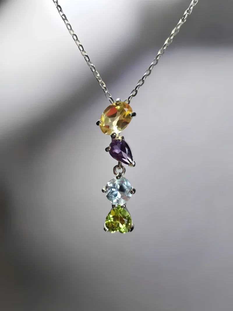 Mehrstein-HK0011-03 Y-Kette aus 925 Silber mit vier Edelstein- Citrin, Amethyst, Topas und Peridot – vielseitig tragbar durch Universalverschluss