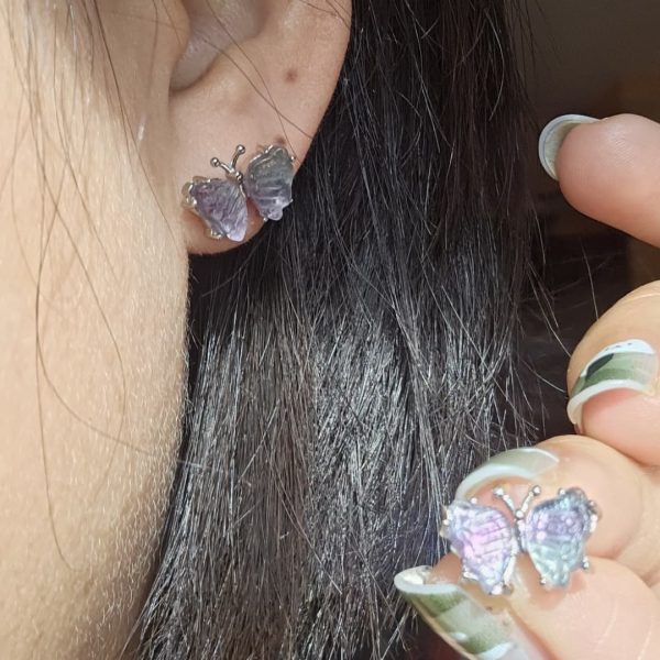 Ohrring-Schmetterling2-01 Ohrstecker Damen mit Stein Fluorite in Schmetterling Design, mehrfarbige Stein