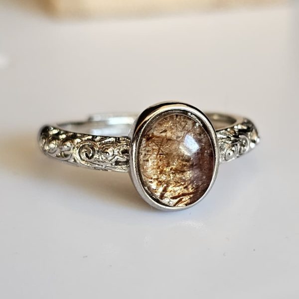 Ringe-DR0013-05 Damenring mit Schwarzgoldene Super Seven Edelstein