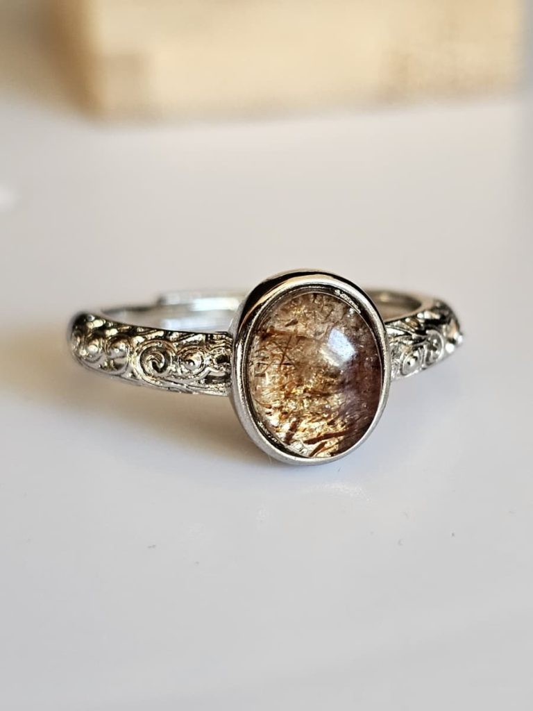 Damenring mit Edelstein Rutil Quarz in Wellen Design Silberfarbe, Stein 4 Damenring mit Schwarzgoldene Super Seven Edelstein