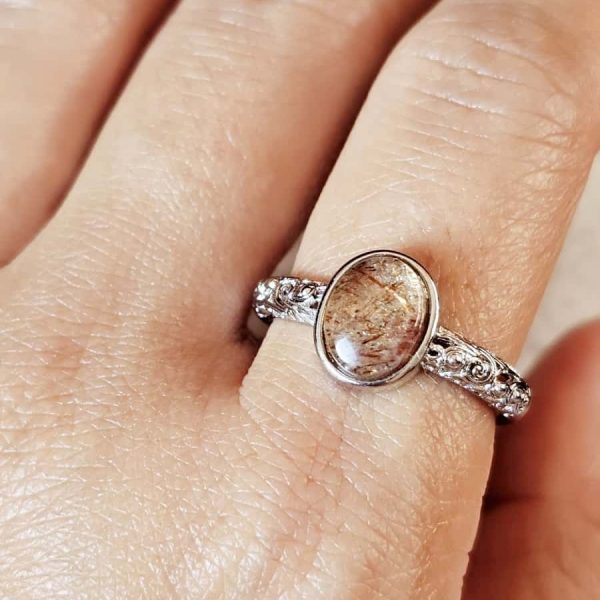 Ringe-DR0013-07 Damenring mit Schwarzgoldene Super Seven Edelstein