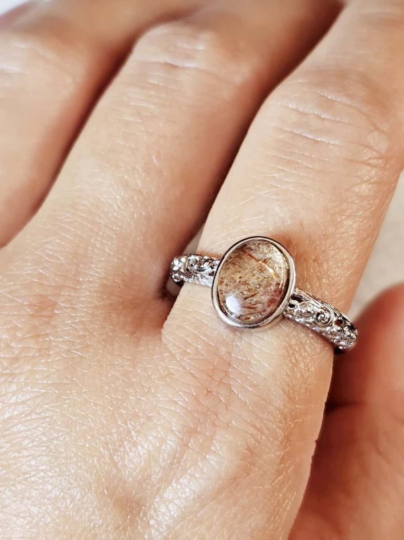 Ringe-DR0013-07 Damenring mit Schwarzgoldene Super Seven Edelstein