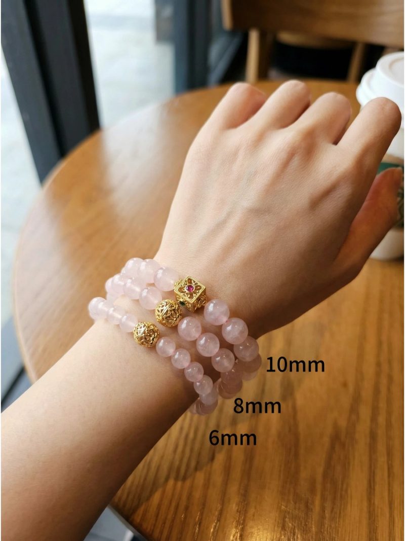 Rosaquarz-AB003-11 Damenarmband mit Rosenquarz Kristall Naturstein und vergoldetem Element