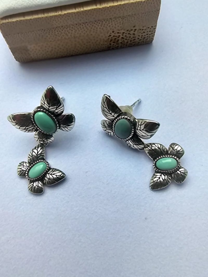 Schmetterling-OR007-04 Silber Ohrringe mit Stein Türkis, Schmetterling Design Vintage