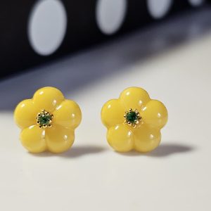 925er Silber Blüten-Ohrringe aus Bernsteinwachs mit Diopsid – Gelbe Blumen Ohrstecker