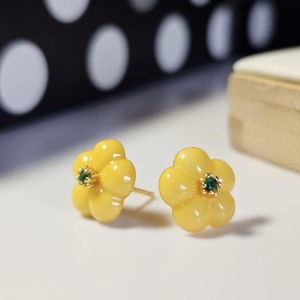 925er Silber Blüten-Ohrringe aus Bernsteinwachs mit Diopsid – Gelbe Blumen Ohrstecker