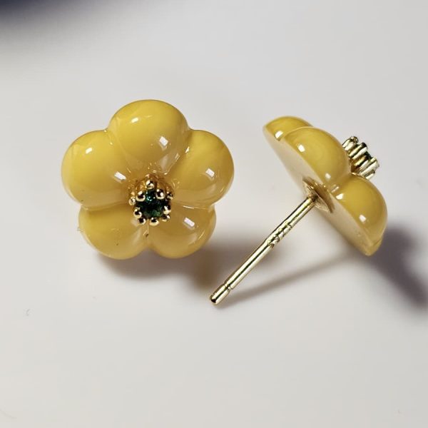 925er Silber Blüten-Ohrringe aus Bernsteinwachs mit Diopsid – Gelbe Blumen Ohrstecker