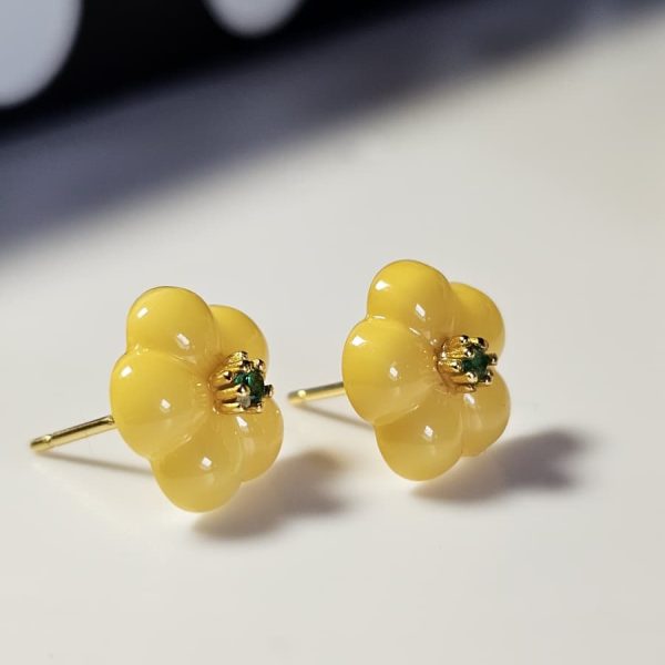 925er Silber Blüten-Ohrringe aus Bernsteinwachs mit Diopsid – Gelbe Blumen Ohrstecker