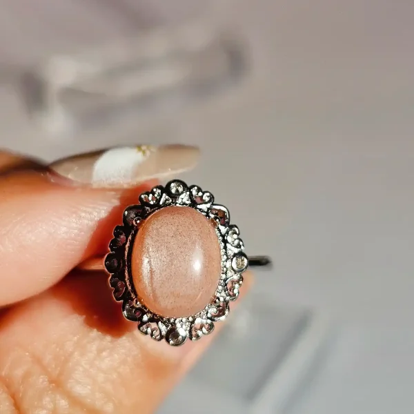 DR-TDS-09-02 Mondstein Ring Orangefarbton, Blumenhalterung, Versilbert, Statement Ring, Großverstellbar