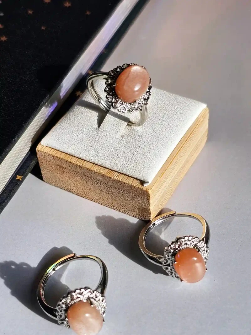 DR-TDS-09-05 Mondstein Ring Orangefarbton, Blumenhalterung, Versilbert, Statement Ring