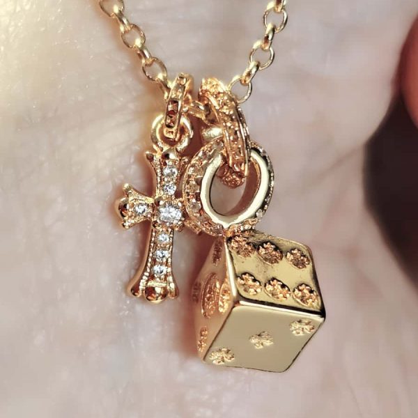 Vergoldete Kreuz und Würfeln Doppelanhänger Halskette
