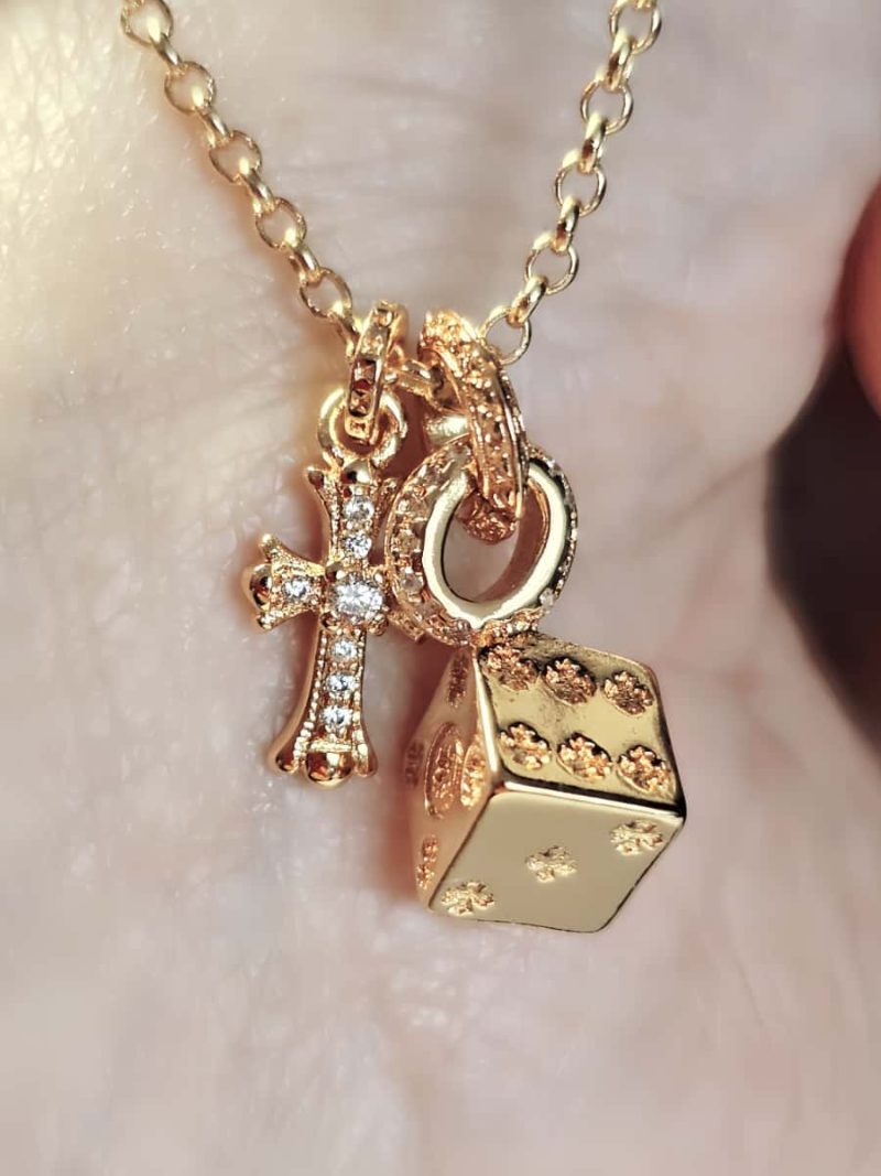 Vergoldete Kreuz und Würfeln Doppelanhänger Halskette
