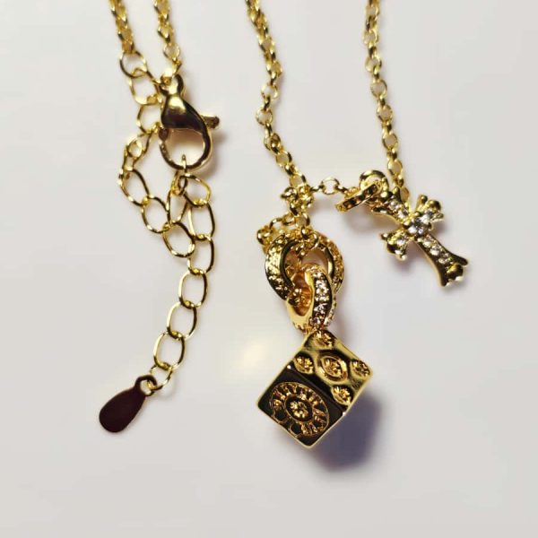 Vergoldete Kreuz und Würfeln Doppelanhänger Halskette