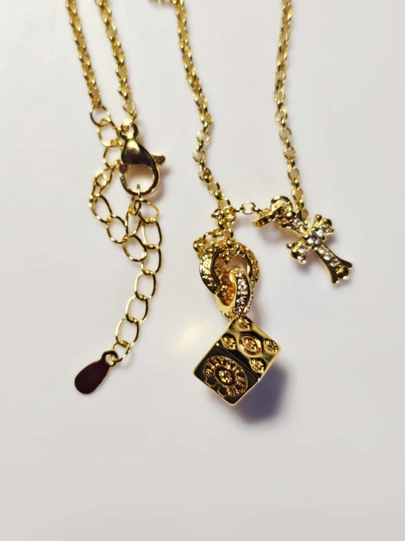 Vergoldete Kreuz und Würfeln Doppelanhänger Halskette