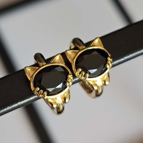 Vergoldete Katzenohrringe mit Schwarzem Spinell – 925er Silber, Eleganter Ohrschmuck