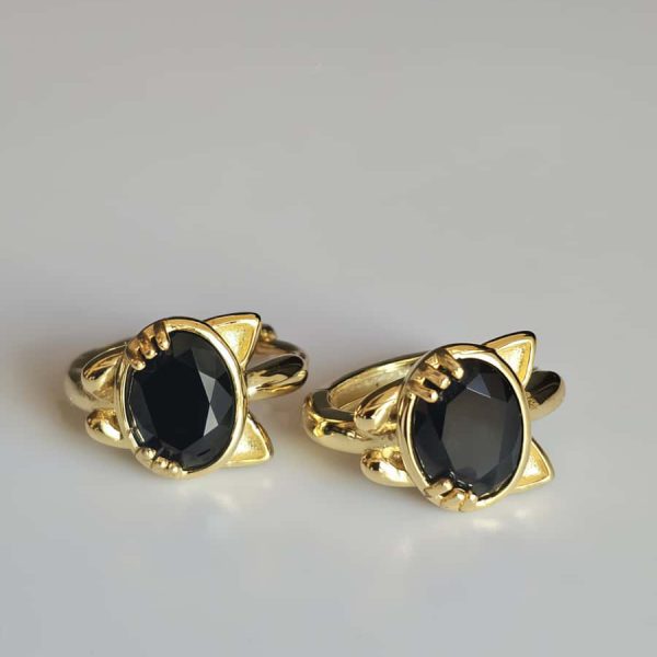 Vergoldete Katzenohrringe mit Schwarzem Spinell – 925er Silber, Eleganter Ohrschmuck