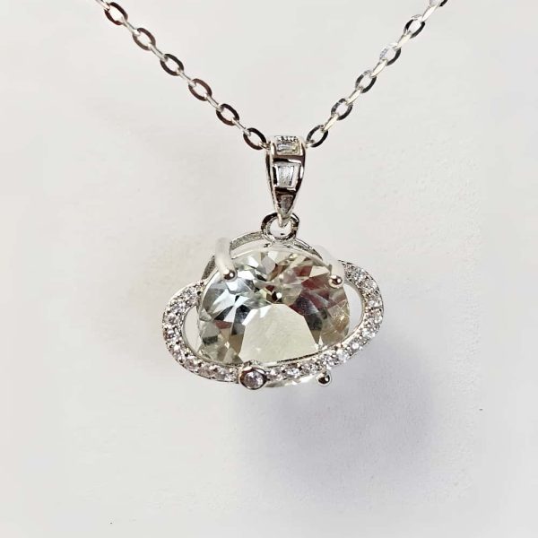 Silber Halsanhänger mit Stein Quarz Kristall Planetenanhänger