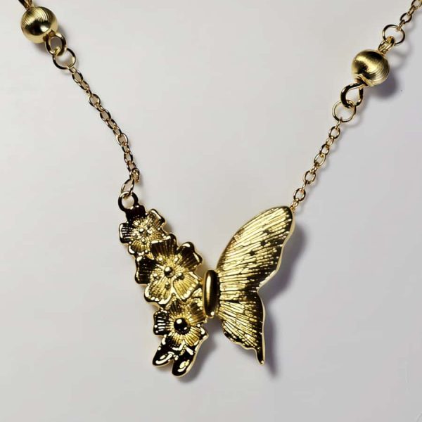 Schmetterlingskette mit Blumenflügel im Goldfinish