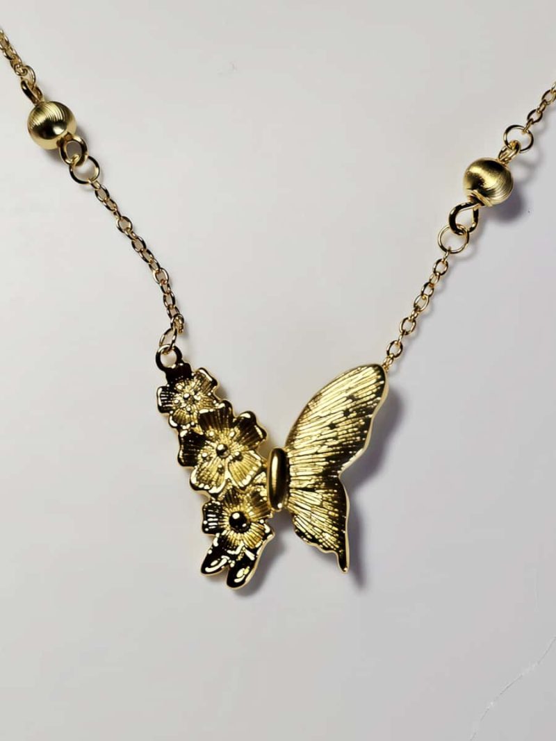 Schmetterlingskette mit Blumenflügel im Goldfinish