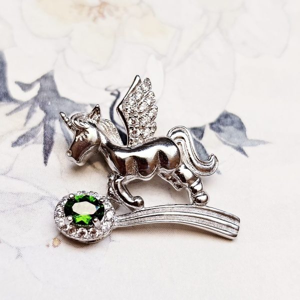 Damen Halsanhänger Silber Einhorn, Diopsid & Zirkonia