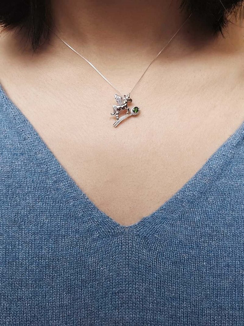 Damen Halsanhänger Silber Einhorn, Diopsid & Zirkonia