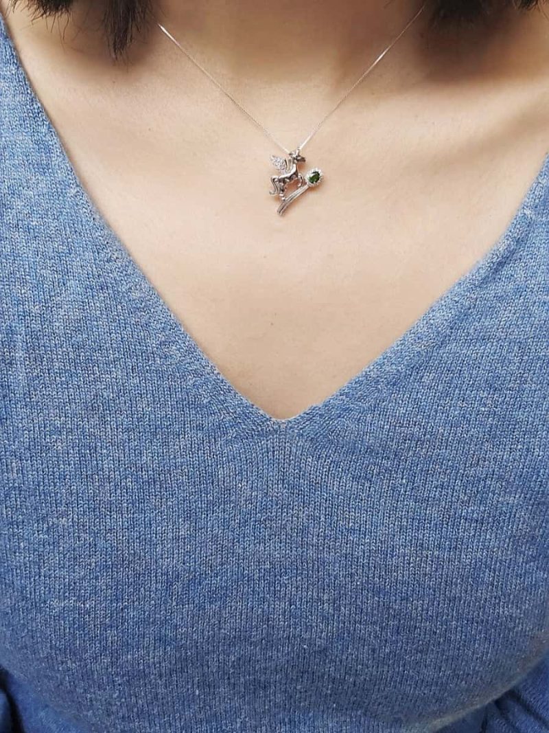 Damen Halsanhänger Silber Einhorn, Diopsid & Zirkonia