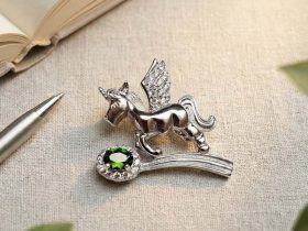 Damen Halsanhänger Silber Einhorn, Diopsid & Zirkonia