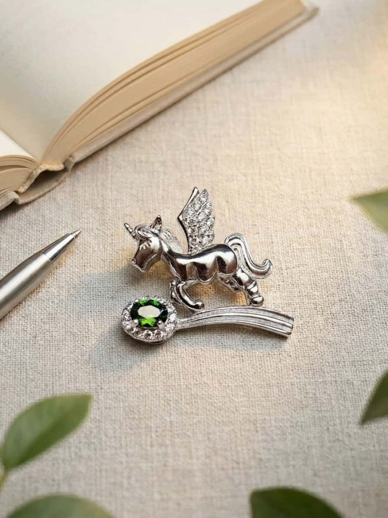 Damen Halsanhänger Silber Einhorn, Diopsid & Zirkonia