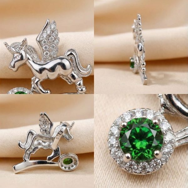 Damen Halsanhänger Silber Einhorn, Diopsid & Zirkonia