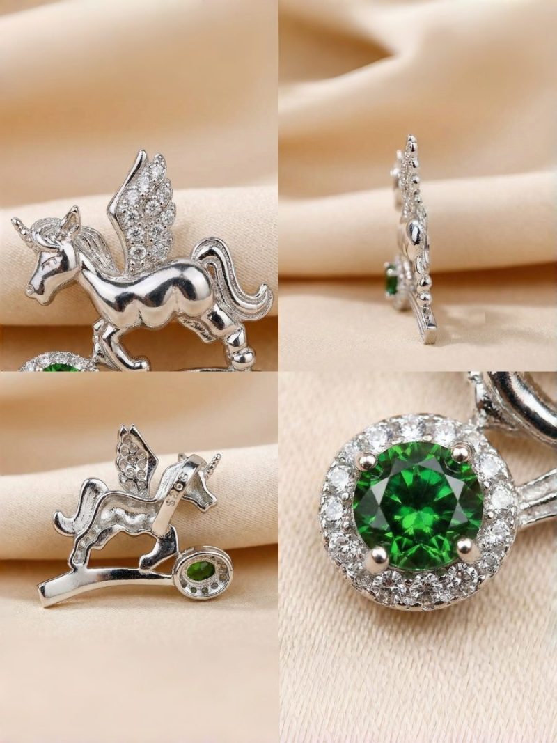 Damen Halsanhänger Silber Einhorn, Diopsid & Zirkonia