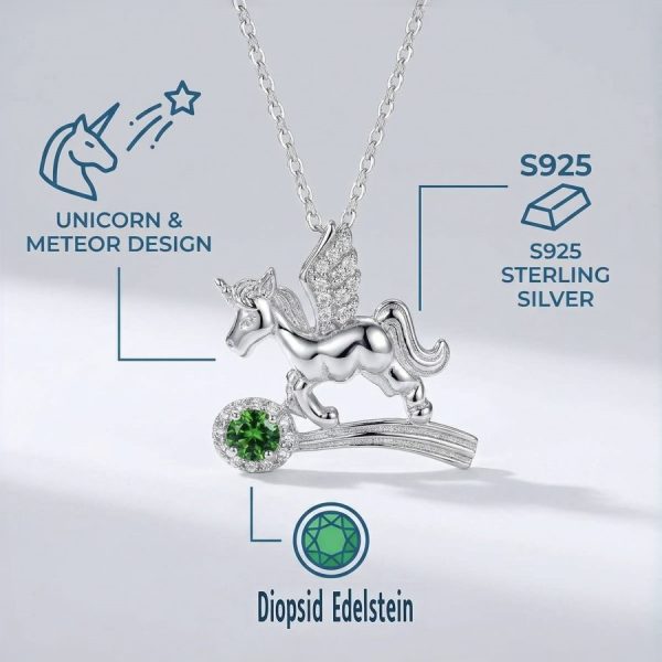 Damen Halsanhänger Silber Einhorn, Diopsid & Zirkonia