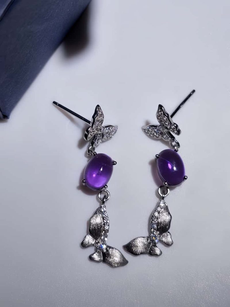 Silber Ohrstecker Amethyst Schmetterling mit Zirkonia und gebürsteter Oberfläche