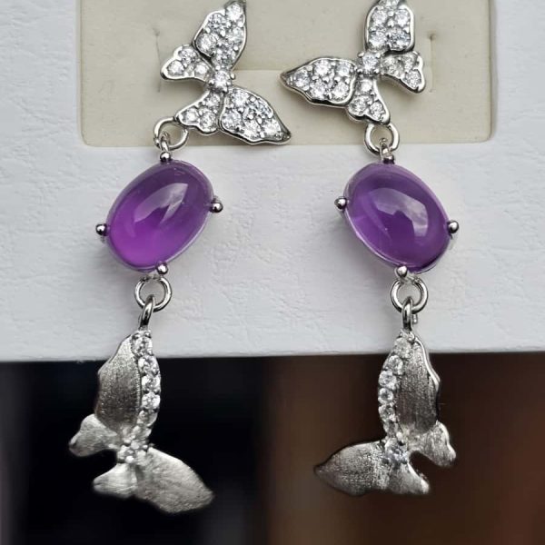 Silber Ohrstecker Amethyst Schmetterling mit Zirkonia und gebürsteter Oberfläche
