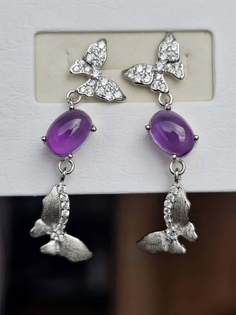 Silber Ohrstecker Amethyst Schmetterling mit Zirkonia und gebürsteter Oberfläche