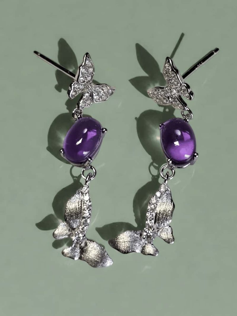 Silber Ohrstecker Amethyst Schmetterling mit Zirkonia und gebürsteter Oberfläche