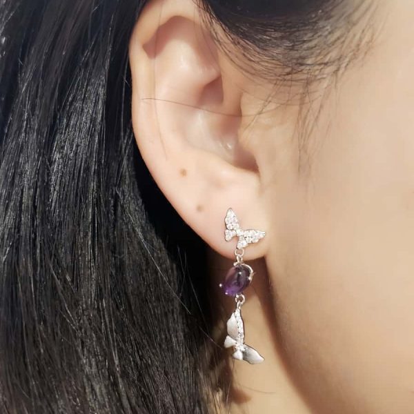 Silber Ohrstecker Amethyst Schmetterling mit Zirkonia und gebürsteter Oberfläche