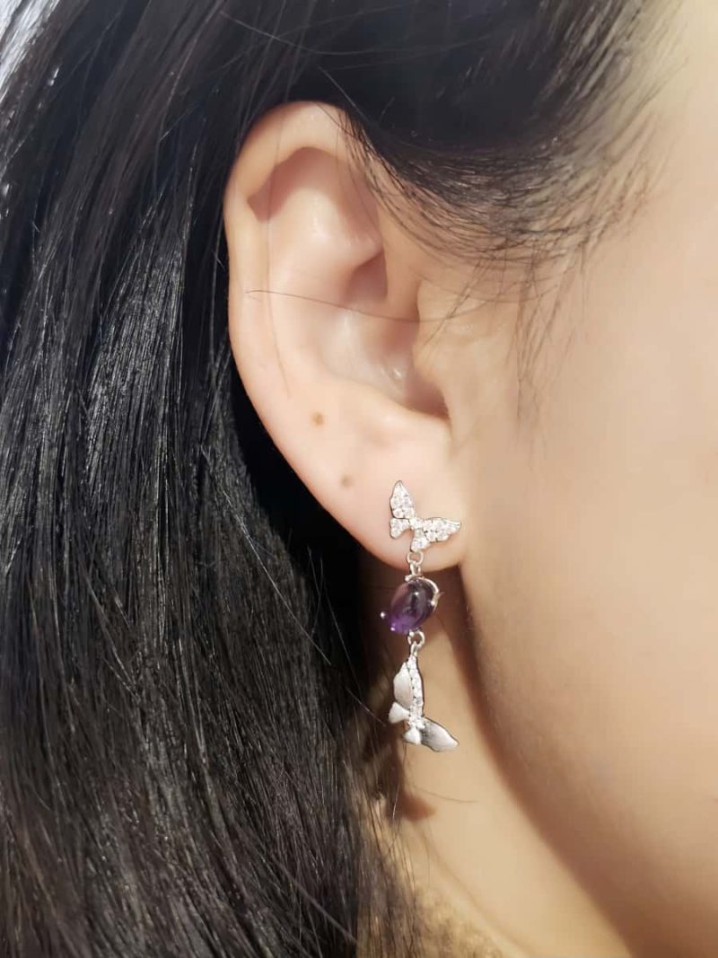 Silber Ohrstecker Amethyst Schmetterling mit Zirkonia und gebürsteter Oberfläche