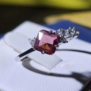 Silberring mit natürlichem rotem Garnet und Zirkonia-Akzentsteinen